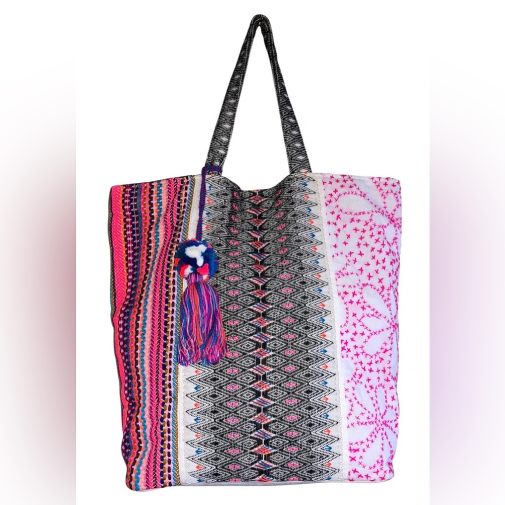 Chloe & Lex Large Embroidered %100 Cotton All About Pink Tote Bag